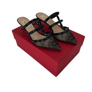Valentino Rockstud Mule Black Lace Kitten Heel Size 38